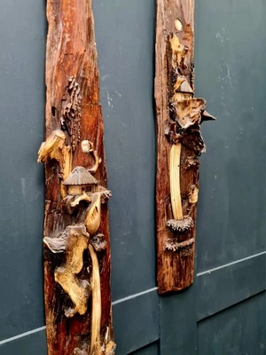 Antique Japanese Wabi-Sabi Wall Art  Handcrafted Hardwood/Antler Carvings - Pair - Image 1 of 4