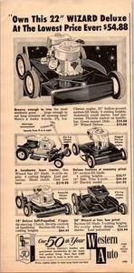 Cortadora de césped Western Auto 1959 Wizard Deluxe anuncio impreso vintage 22 pulgadas - Imagen 1 de 1