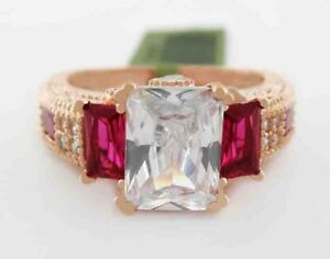 LAB CREATED RUBIES  & WHITE SAPPHIRE RING 14K ROSE GOLD PLATED - NEW WITH TAG