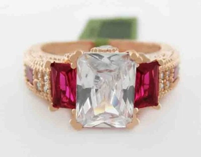LAB CREATED RUBIES  & WHITE SAPPHIRE RING 14K ROSE GOLD PLATED - NEW WITH TAG - Image 1 of 3