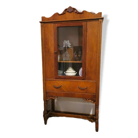 Antique Vintage Brown Wood Display Cabinet With One Shelf, And One Drawer Cover