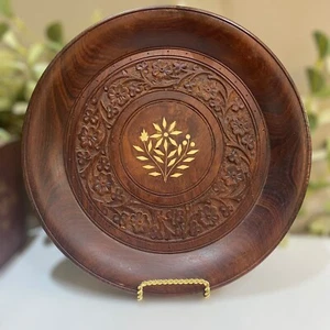 Ancien grand plateau rond incrustation de bois sculpté 11,5" beau milieu de siècle floral - Photo 1/9