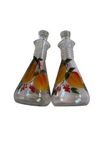 Vintage Hazel Atlas hand painted oil & vinegar set with glass stoppers peaches - Picture 1 of 10