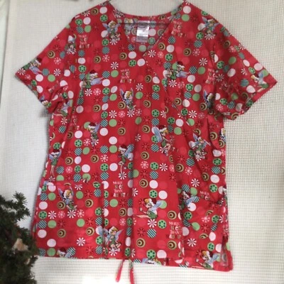Disney Xmas scrub top Large Tinker Bell More Nice Than Naughty Santa Hat Back Ti - Image 1 of 4