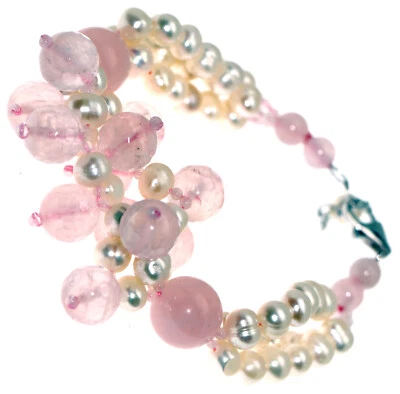 bracciale argento 925 pietre di quarzo rosa naturale e perle d'acqua dolce donna - Immagine 1 di 3