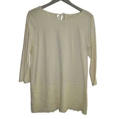 Garnet Hill Cream 3/4 Sleeve Lace Hem Knit Tie Neck Top Sz M - Image 1 of 4