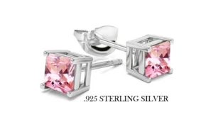 925 Sterling Silver Princess Cut Pink Cubic Zirconia Stud Earrings Women's - Picture 1 of 3