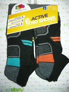 Fruit of The Loom Boys Active No Show Socks 6 Pair Size LARGE 3-9 NEW Black - Picture 1 of 2
