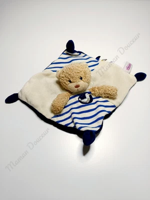 Doudou Plat Ours Beige Bleu Marine Rayé Rond Oiseau Mouette Pommette Intermarché - Photo 1/3