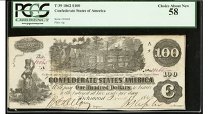 T-39 1862 $100 Confederate States Civil War Jackson MS Banknote Currency, PMG 58 - Picture 1 of 6