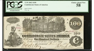 T-39 1862 $100 Confederate States Civil War Jackson MS Banknote Currency, PMG 58 - Image 1 of 4