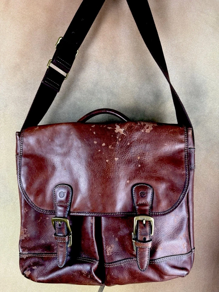 Vintage Timberland Messenger Bag Shoulder Bag Dark Brown Unisex  100% Leather  - Image 1 of 4