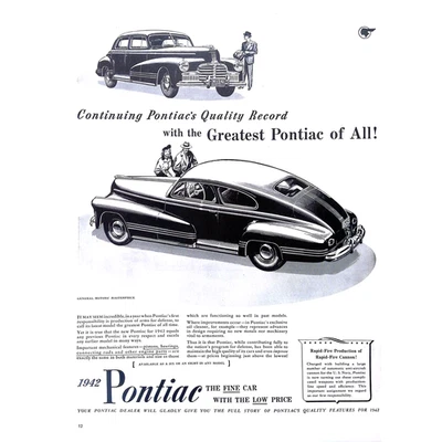 1942 Pontiac Classic Car Print Ad The Fine Car with the Low Price 11”X14” - Image 1 of 3