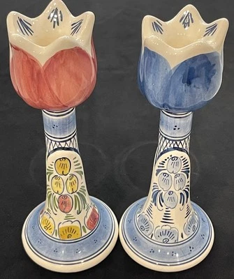 Pair Delft Holland Handwerk Painted Tulip Candle Holder 8” Candlesticks SIGNED - Image 1 of 4