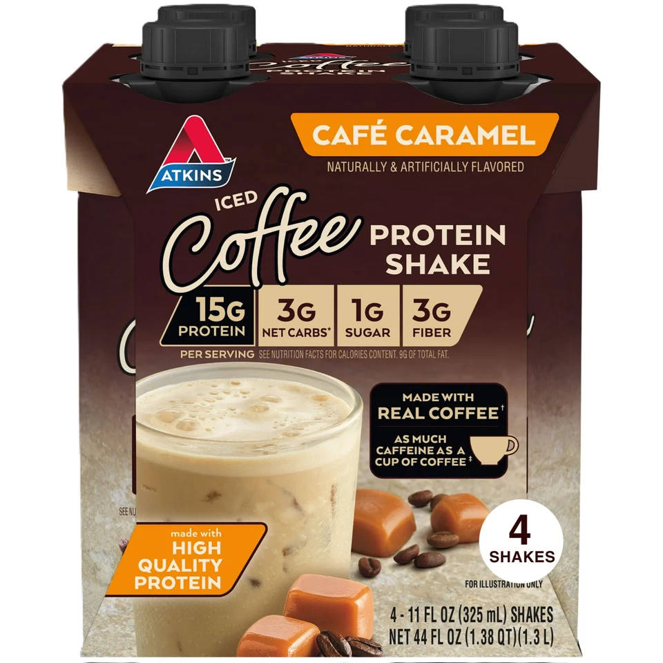 Shake de proteína Atkins, café gelado café caramelo, 15g de proteína, cafeinado, 4 quilates - Imagem 1 de 1