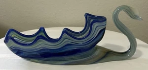 Large Blue White Swirl Murano Style Hand Blown Art Glass Swan Bowl Dish Decor - Picture 1 of 17