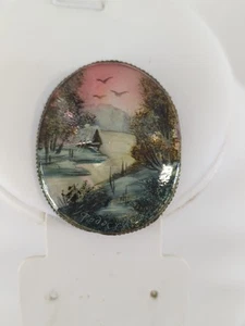 Hand Painted Signed Mother Of Pearl Landscape Trees Vintage Oval Pin Brooch F111 - Picture 1 of 7