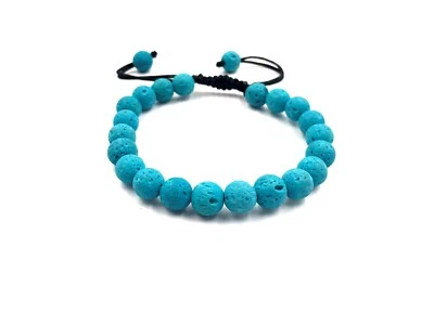 FINE Natural BLUE TURQUOISE LAVA Gem 8mm Bead Unisex Adjustable Macrame Bracelet - Image 1 of 3