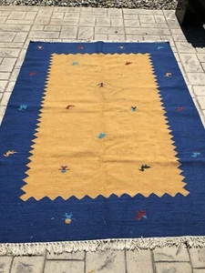 Oriental Hand Woven Kilim Gabbeh Pictorial Wool Area Rug Blue Yellow 93”x68” Vtg - Picture 1 of 24