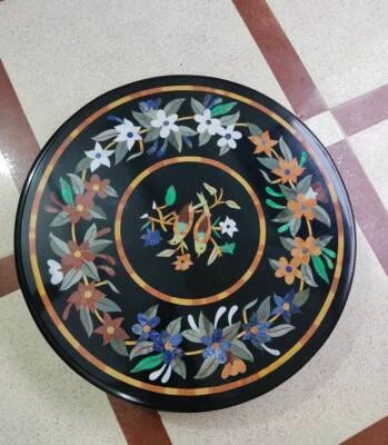 18'' black marble Table Top Inlay bird Pietra Dura Mosaic malachite coffee table - Image 1 of 4