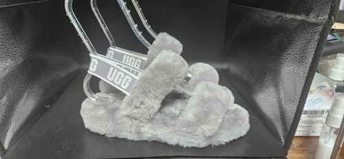 Pantofole UGG Fluff Yeah Shearling 7 38 cinturino logo grigio sandalo