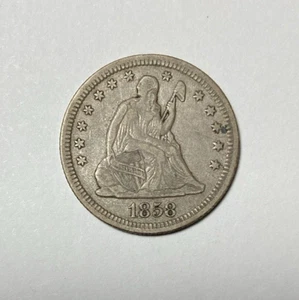 1858 Sitzende Freiheit Viertel Wahl Original XF - Bild 1 von 2