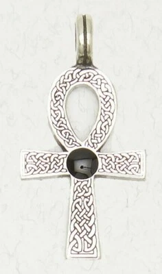 Ankh w/ Black Onyx Pewter Ancient Egyptian Occult Religion Pendant Jewelry - Image 1 of 2