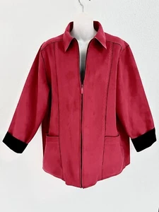 ALFRED DUNNER* RED/BLK TRIM~ULTRA SUEDE ZIP JACKET WOMENS SIZE 16~EUC!!! - Picture 1 of 9