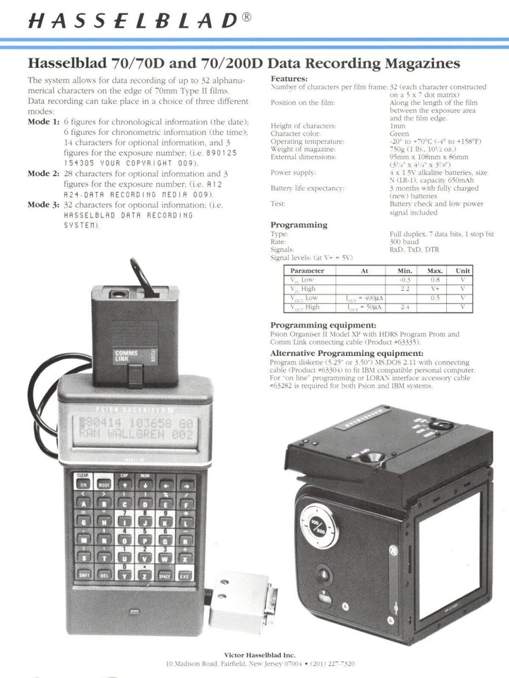 Folleto de una sola hoja de revistas de grabación de datos Hasselblad 70/70D y 70/200D Foto 1 de 1