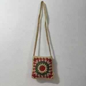 Handmade Beige Green Pink and Red Granny Square Small Shoulder Crossbody Bag - Picture 1 of 9