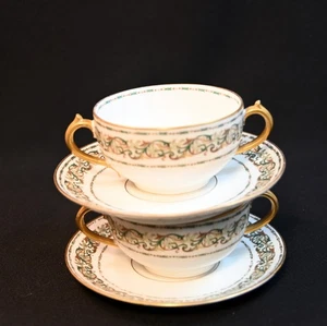 GDA Ch Field Haviland Limoges 2 Cream Soups Bouillon Green Garland Gold 1900-41 - Picture 1 of 24