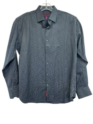 Visconti 黑色男式大号蓝色佩斯利翻盖袖口纽扣衬衫 (S18) 二手状况完好 — 第 1/4 张图片