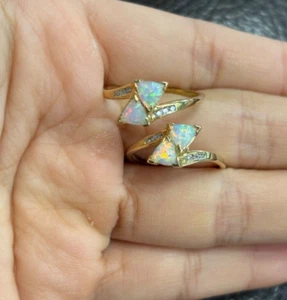 10k Yellow Gold Lab Created Trillion Opal Diamond Engagement Ring - Picture 1 of 5