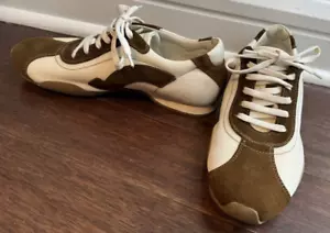 SALVATORE FERRAGAMO MEN OFF-WHITE/BROWN SUEDE LEATHER ATHLETIC /SNEAKER-6.5-MINT - Picture 1 of 11