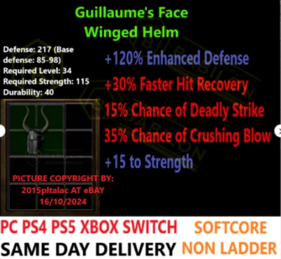 ✅ PC PS4 PS5 XBOX SWITCH✅ Guillaume's Face 15% DS DIABLO 2 RESURRECTED ITEMS D2R - Image 1 of 2