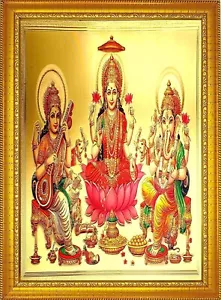 Hinduistische Götter Lakshmi Ganesha Saraswati Fotorahmen Poster religiöse Wanddeko - Bild 1 von 2