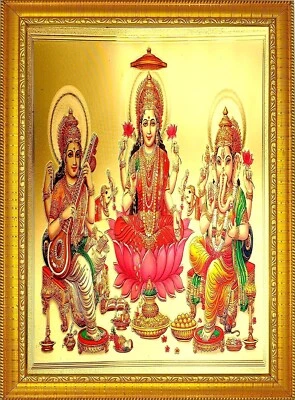Hindu Gods Lakshmi Ganesha Saraswati Foto Rahmen Plakat Religiös Wand Dekoration - Bild 1 von 2