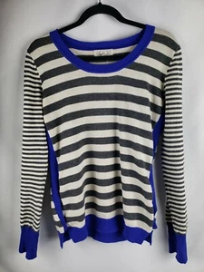 Damen L dunkelgrau gestreift Pullover blaue Akzente rosa rose Strick Oberteil sehr lustig! - Bild 1 von 3
