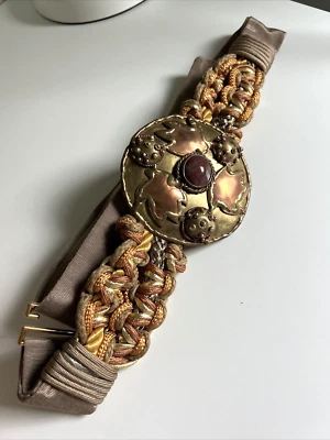 Cinturón Ajustable Vintage Dorado Latón Hebilla Grande Piedra Trenzado Marrón India Naranja Foto 1 de 4