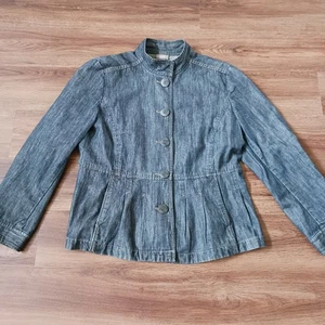 Chaqueta de mezclilla J JILL Jean plisada azul peplum algodón cuello alto talla 14P - Imagen 1 de 5