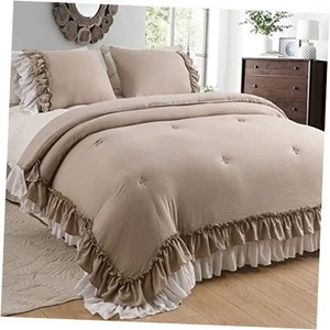 Ruffled Taupe Comforter Set Queen,Farmhouse Shabby Bedding Comforter Sets - Picture 1 of 7