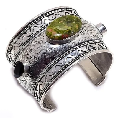 Unakite, Onice Gemma a Mano 925 Argento Sterling Bracciale a Polsino Regolabile - Immagine 1 di 4