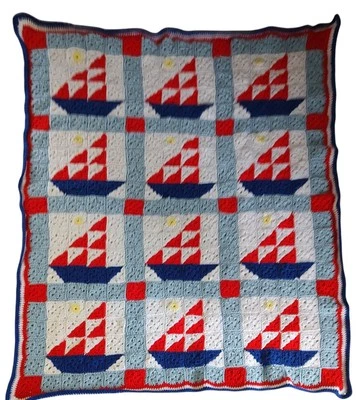 Vintage Handmade Sailboats Afghan Nautical Granny Square Red White Blue 52x40 In - Image 1 of 4