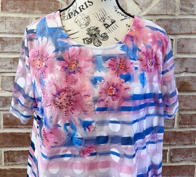 Alfred Dunner Women’s Petite Large Knit Top Stripes Florals Pink White Blue B42 - Image 1 of 4