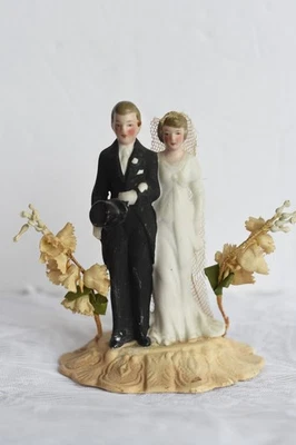 5" Vintage 1930s Bisque/Ceramic Bride & Groom Wedding Cake Topper - Image 1 of 4