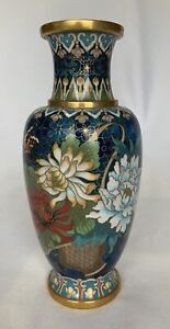 New ListingVintage Chinese Cloisonne Vase Floral Chrysanthemum Blue Butterflies *Beautiful*