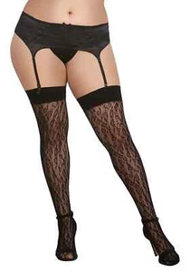 Plus Black Leopard Print Thigh High Women's Fishnet - Picture 1 of 1