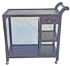 Vintage Chinoiserie Bar Cart Tea Trolley – Hand-Carved Wood – Marked Hong Kong - Picture 1 of 24