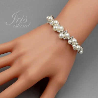 Brazalete brazalete para mujer blanco perla cristal transparente estrás boda graduación 04163 Foto 1 de 4