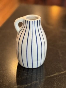 IKEA Small Ceramic Bud Vase Handled Jug Cobalt Blue & White Stripes Swedish 6x3" - Picture 1 of 4